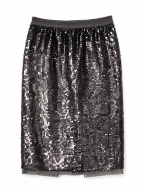 Dark Gray Sequin Midi Pencil Skirt With Elastic Wasit Band, Size Small